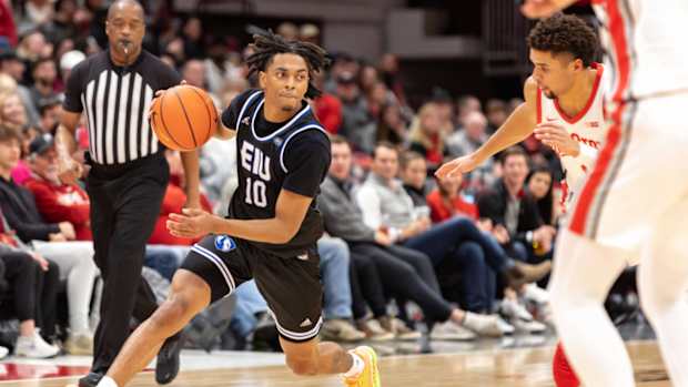 EIU guard Kinyon Hodges dribbles against Ohio State.